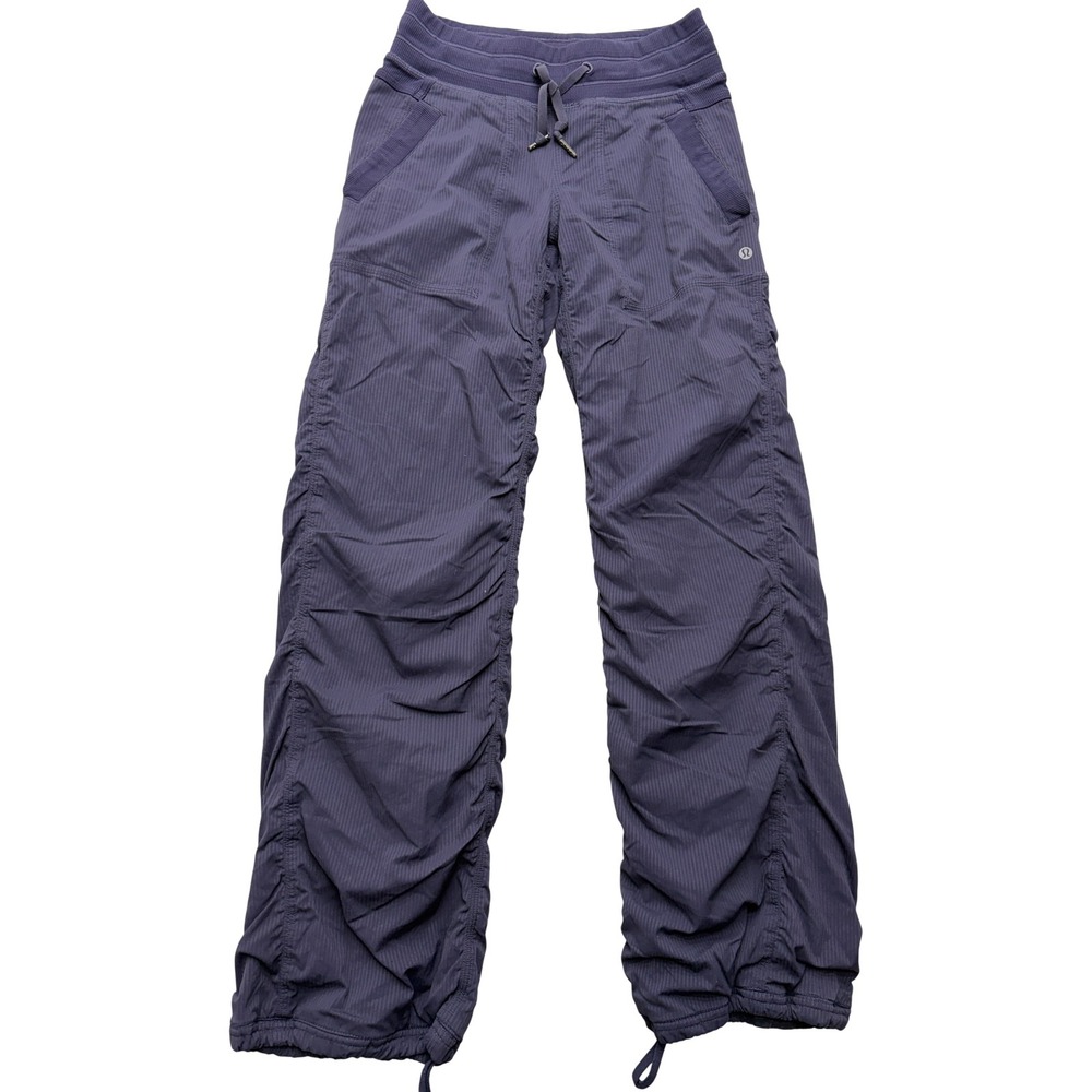Lululemon Dance Studio Pants Womens 2 Purple Pinstripe Ruched Drawcord Yoga